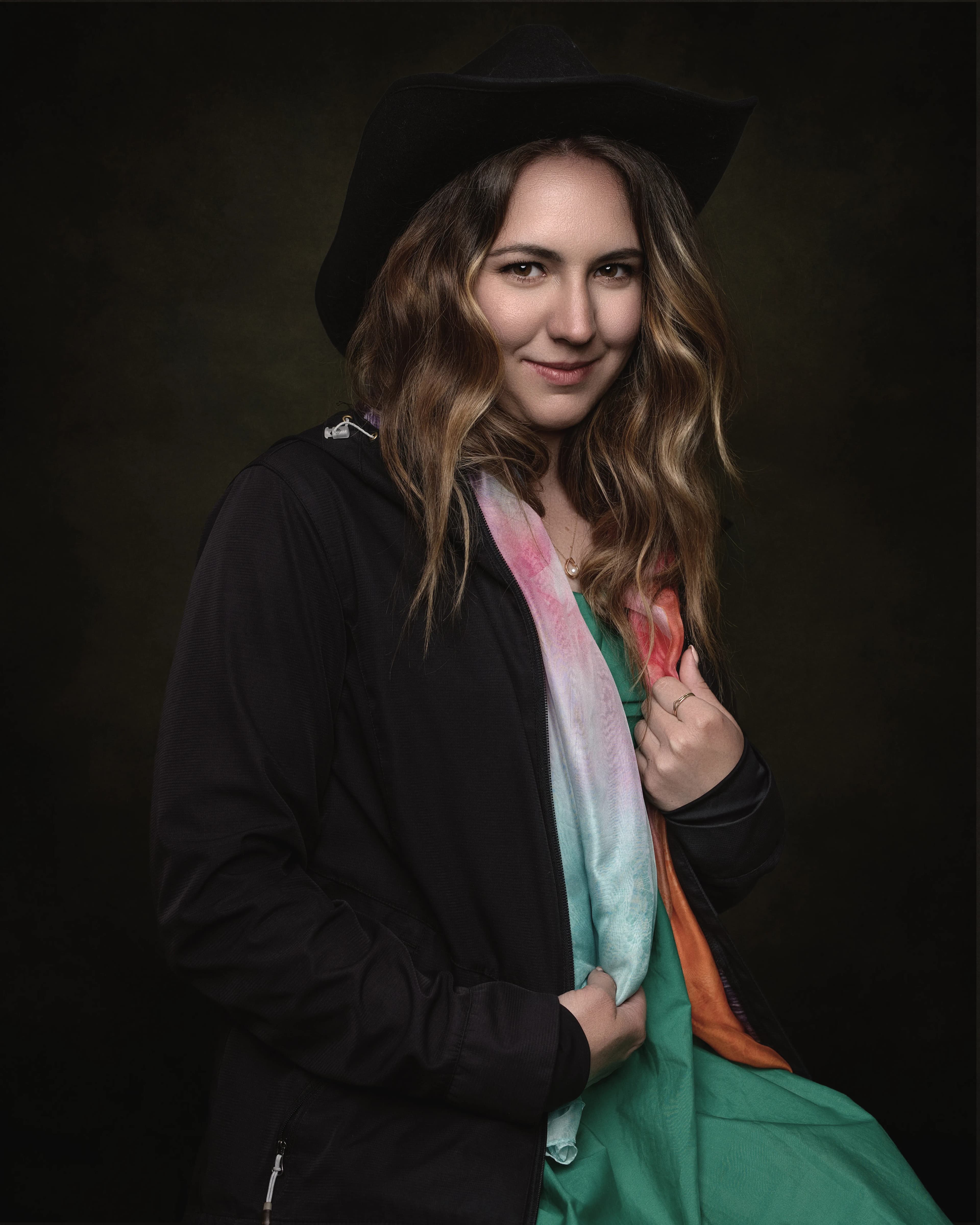 Western style portrait woman colorful scarf