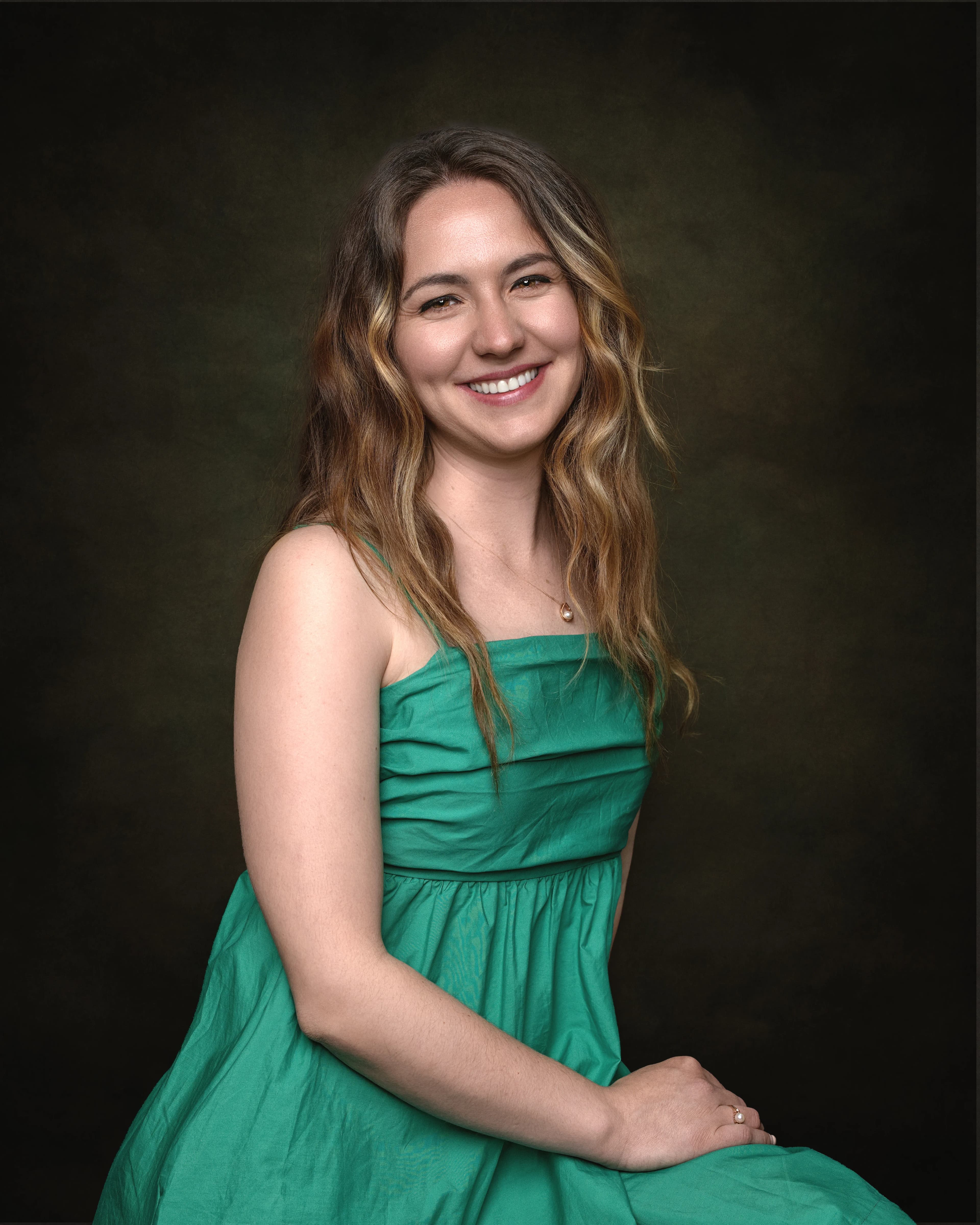 Professional studio portrait female model green dress