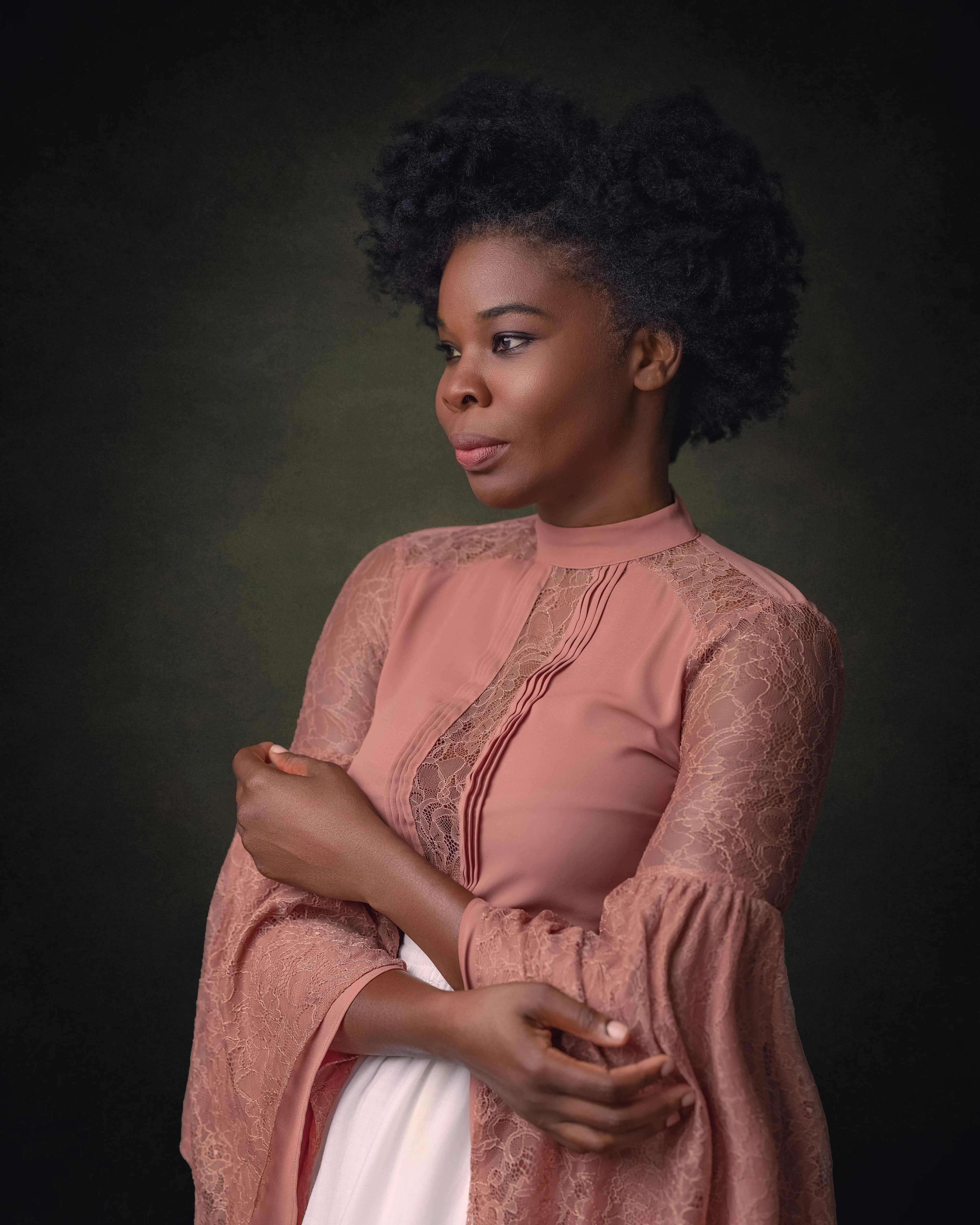 Fine art portrait woman pink lace dress side view