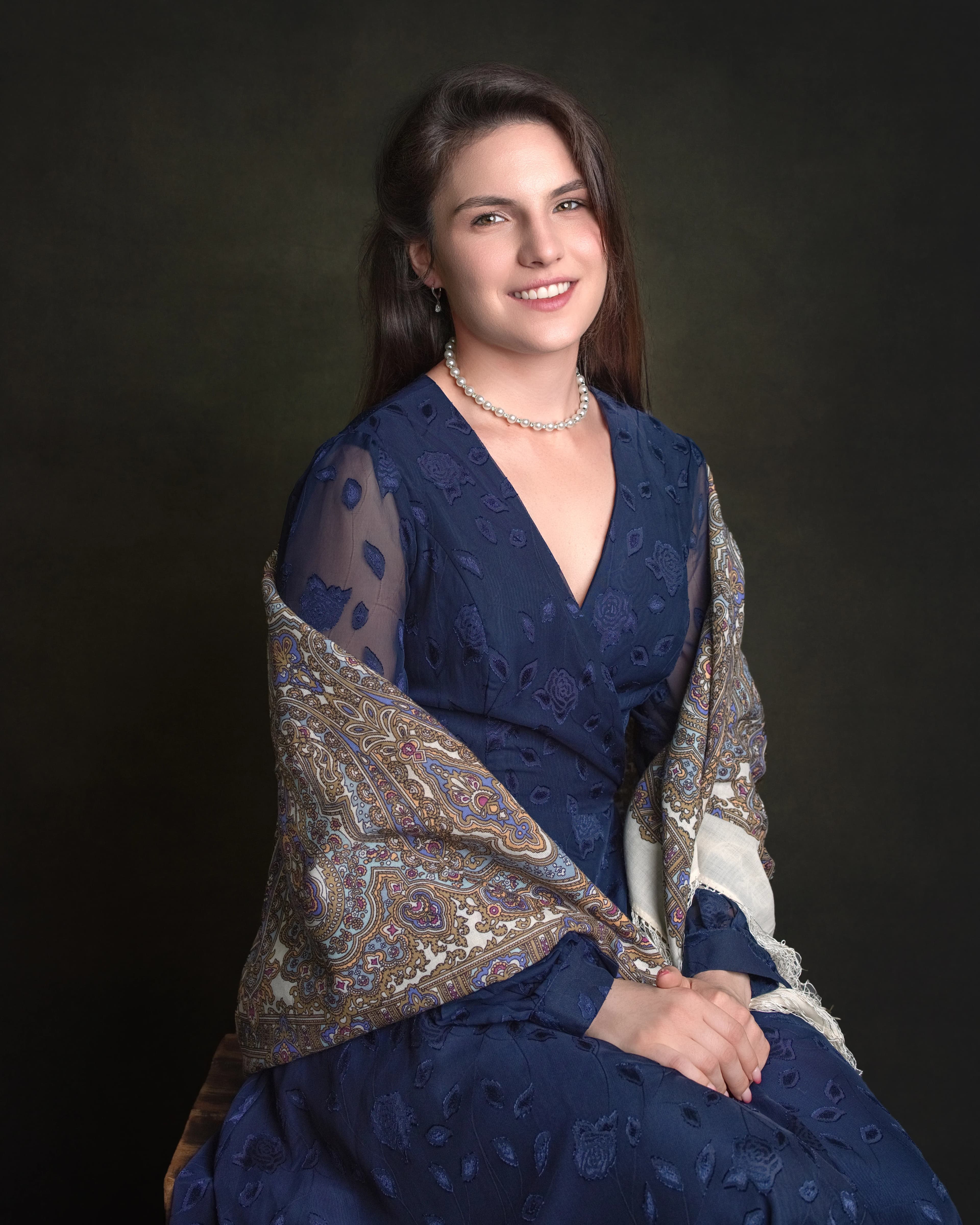Fine art portrait woman blue dress paisley shawl