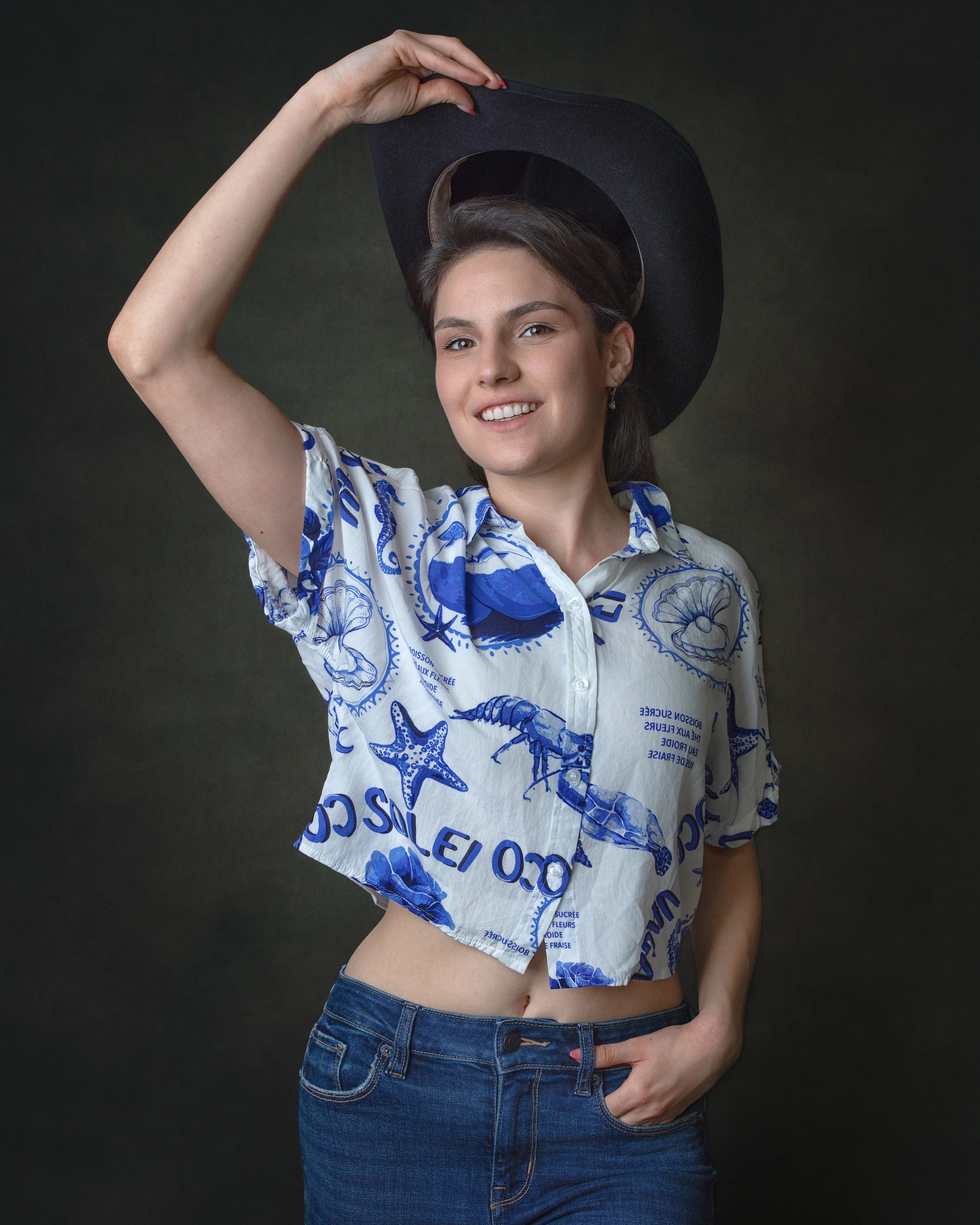 Professional portrait woman casual outfit hat