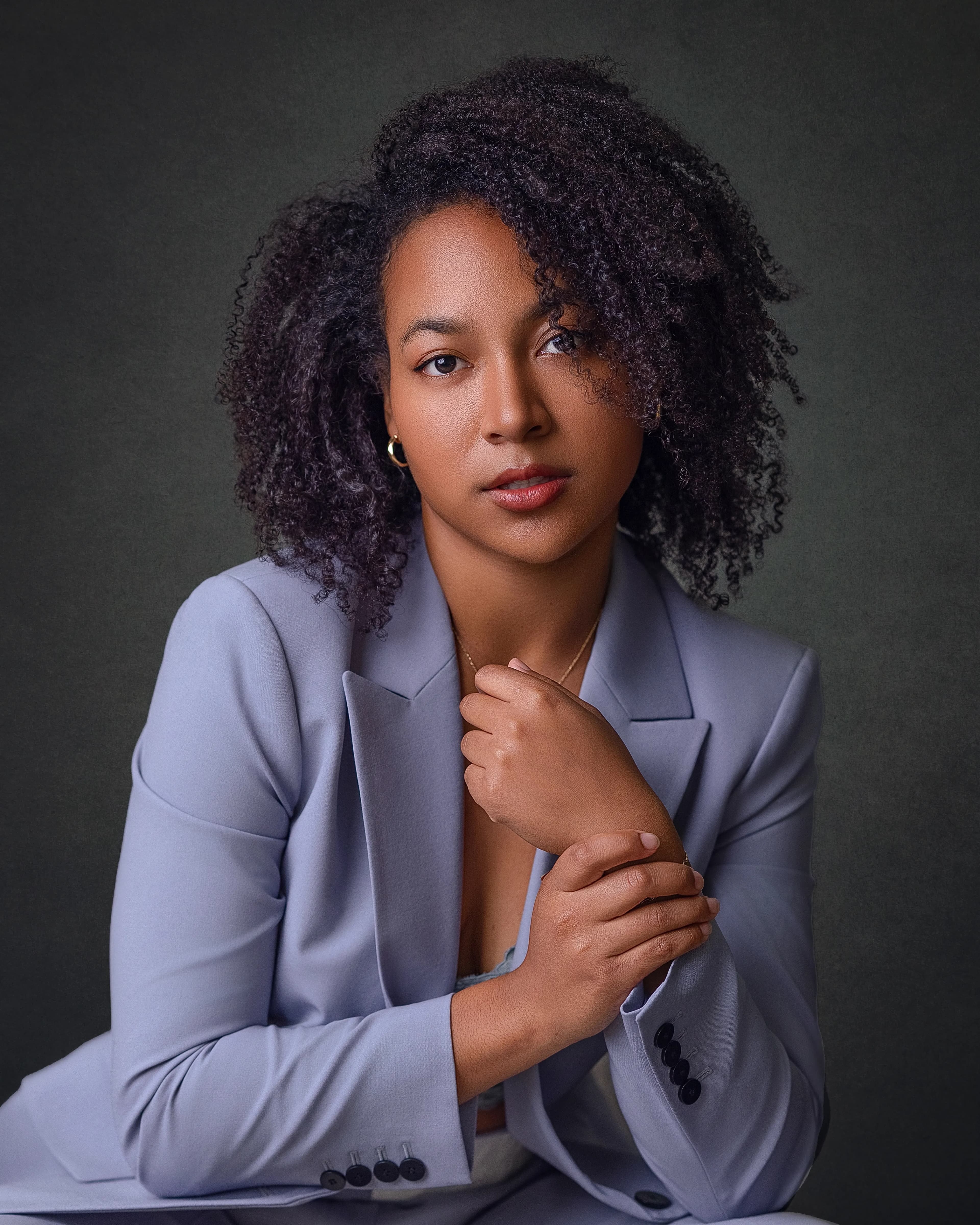 Business portrait woman light blue suit closeup