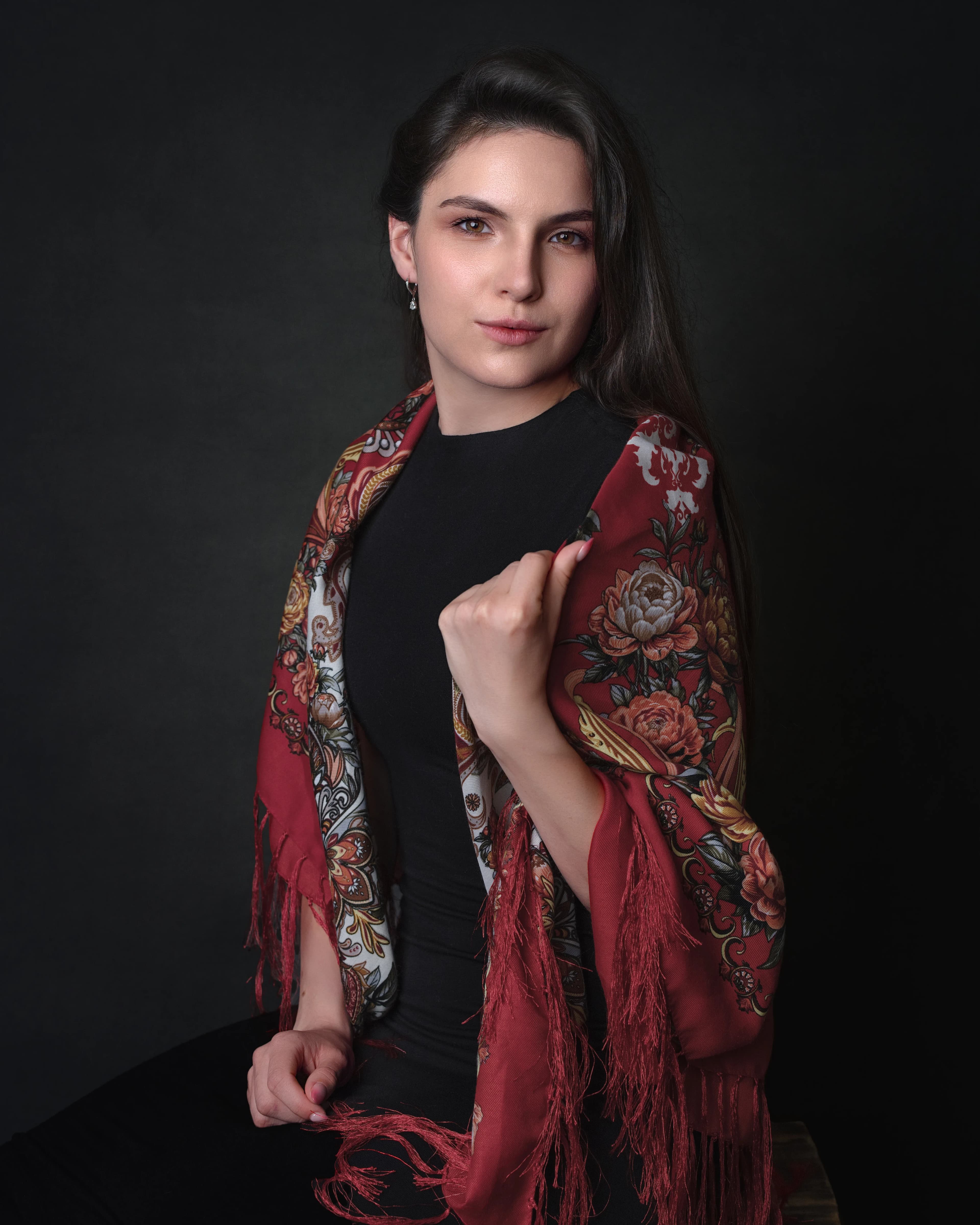 Fine art portrait woman red floral shawl